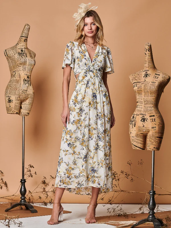 Maxi dresses with mesh panels for a sexy and trendy appearancePlunge Neckline Keyhole Chiffon Maxi Dress, Cream Floral Maxi dresses with mesh panels for a sexy and trendy appearancePlunge Neckline Keyhole Chiffon Maxi Dress, Cream Floral