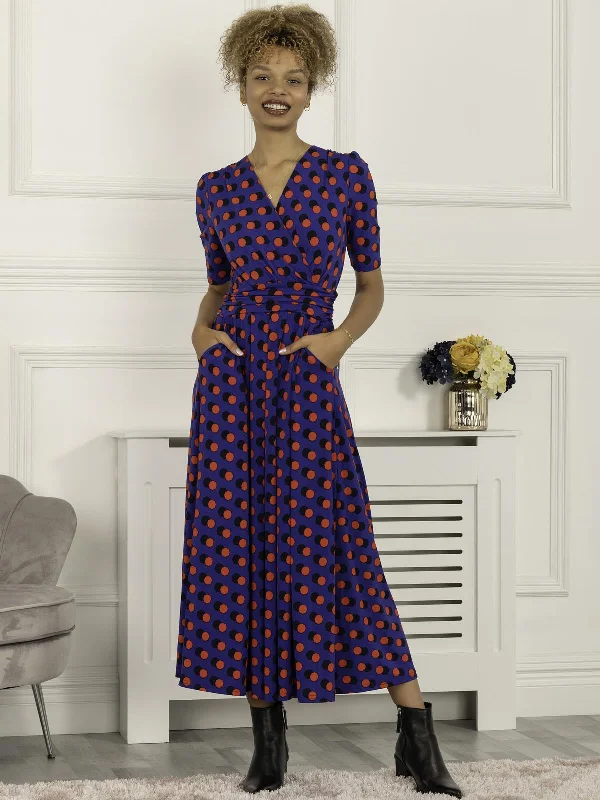 Maxi dresses with bow accents at the waist for a sweet appearanceRatette Polka Dot Maxi Jersey Dress, Royal Polka Maxi dresses with bow accents at the waist for a sweet appearanceRatette Polka Dot Maxi Jersey Dress, Royal Polka