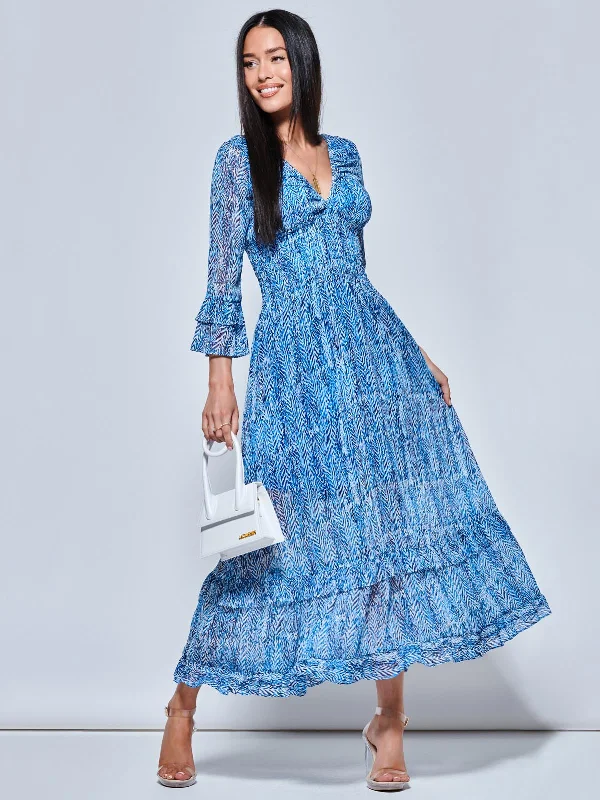 Maxi dresses with side slits for a touch of allureV Neck Shirred Chiffon Maxi Dress, Blue Abstract Maxi dresses with side slits for a touch of allureV Neck Shirred Chiffon Maxi Dress, Blue Abstract