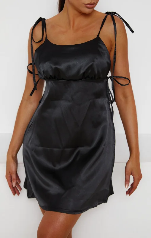 Black Satin Ruched Bust Tie Detail Mini Dress - Azaria