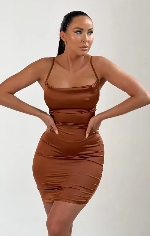 Mini dresses with off - the - shoulder stylesChocolate Satin Lace Up Back Strappy Bodycon Mini Dress - Clary Mini dresses with off - the - shoulder stylesChocolate Satin Lace Up Back Strappy Bodycon Mini Dress - Clary