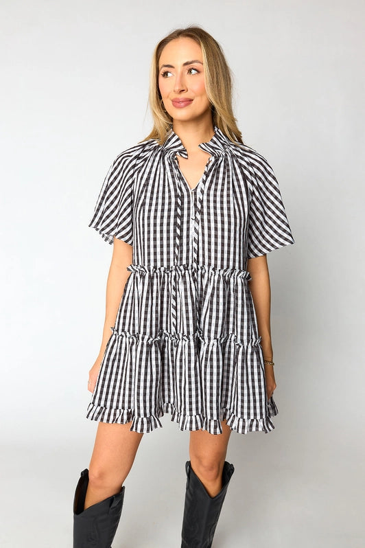Mini dresses with V - necklines for a flattering shapeLakin Swing Mini Dress - Black Check Mini dresses with V - necklines for a flattering shapeLakin Swing Mini Dress - Black Check