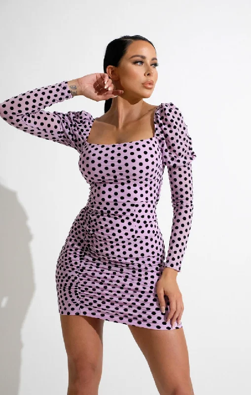 Mini dresses with gathered skirts for a voluminous effectLilac Polka Dot Mesh Bodycon Mini Dress - Habiba Mini dresses with gathered skirts for a voluminous effectLilac Polka Dot Mesh Bodycon Mini Dress - Habiba