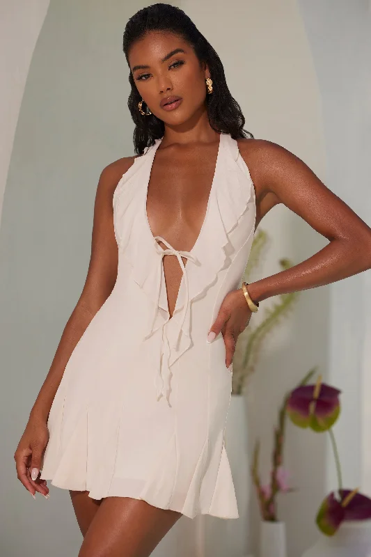 Mini dresses with mesh panels for a sexy and trendy lookHalter Neck Ruffle A-Line Mini Dress in Ivory Mini dresses with mesh panels for a sexy and trendy lookHalter Neck Ruffle A-Line Mini Dress in Ivory