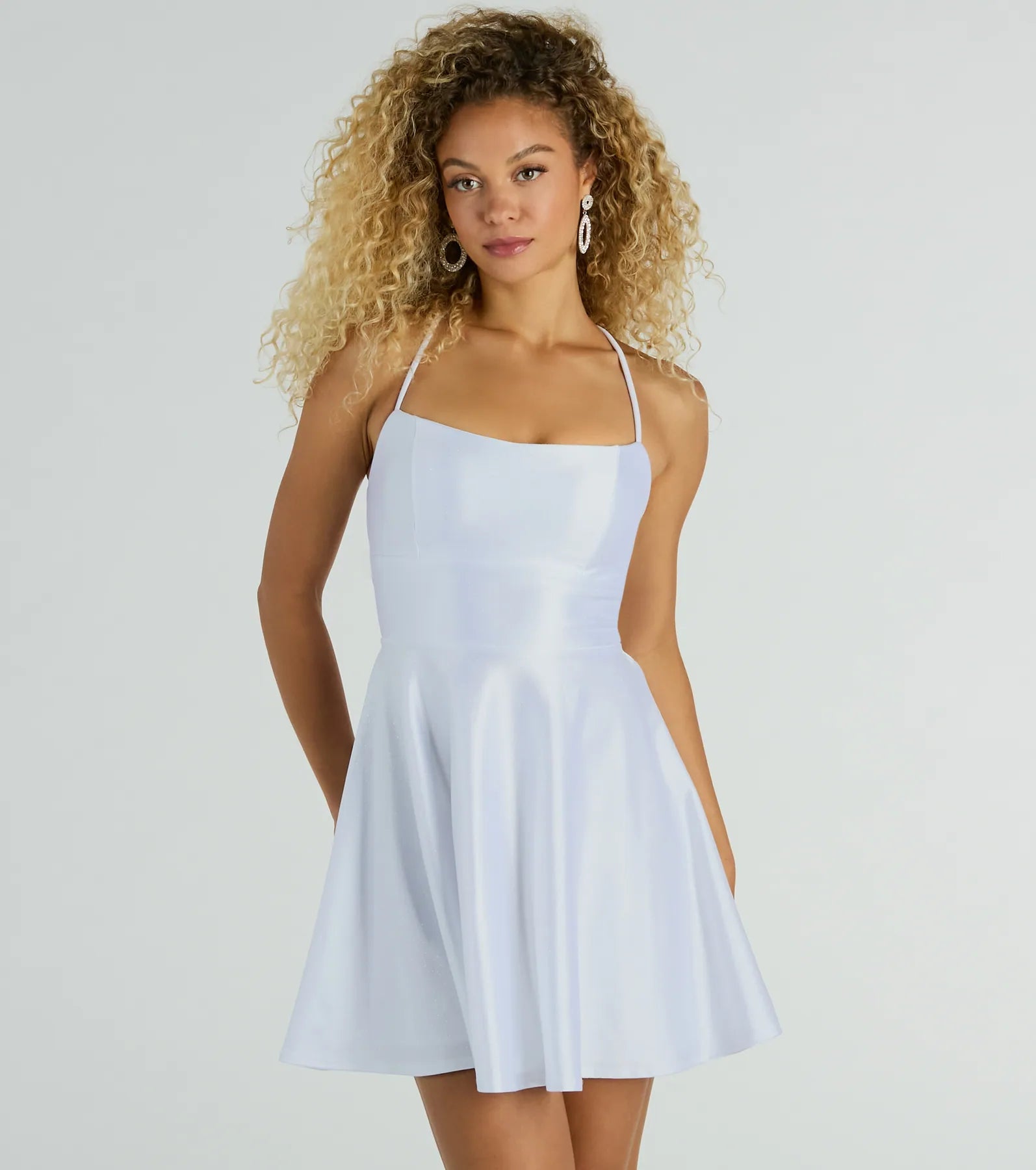 Mini dresses with ruched bodices for a feminine touchSparkle Sensation Glitter Satin Lace-Up Dress Mini dresses with ruched bodices for a feminine touchSparkle Sensation Glitter Satin Lace-Up Dress