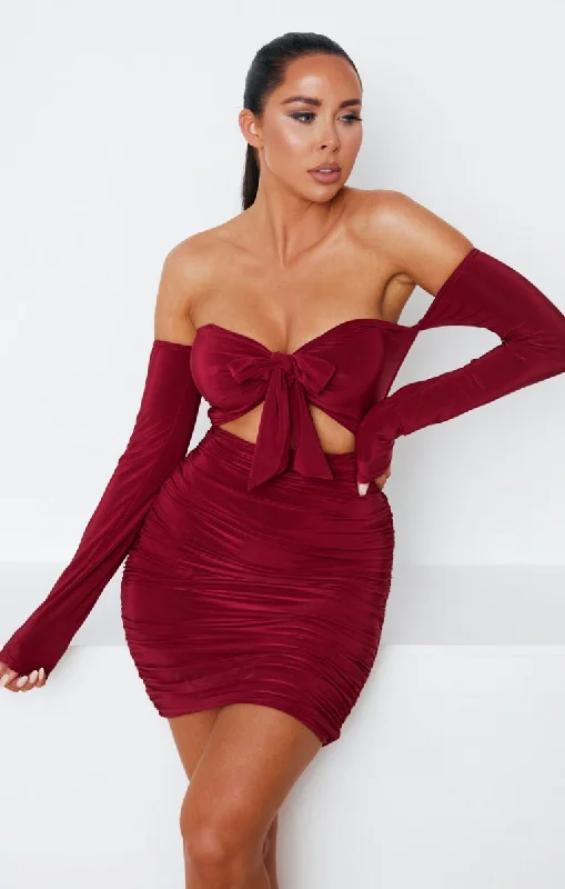 Linen mini dresses for a breathable summer optionWine Slinky Ruched Bardot Long Sleeve Cut Out Tie Front Bodycon Mini Dress - Zion Linen mini dresses for a breathable summer optionWine Slinky Ruched Bardot Long Sleeve Cut Out Tie Front Bodycon Mini Dress - Zion