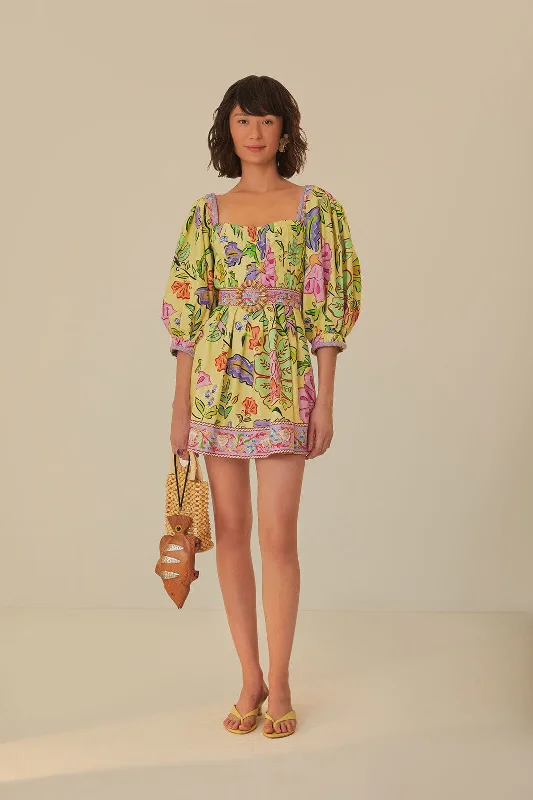 Leather mini dresses for a edgy styleYellow Floral Insects Short Sleeves Mini Dress