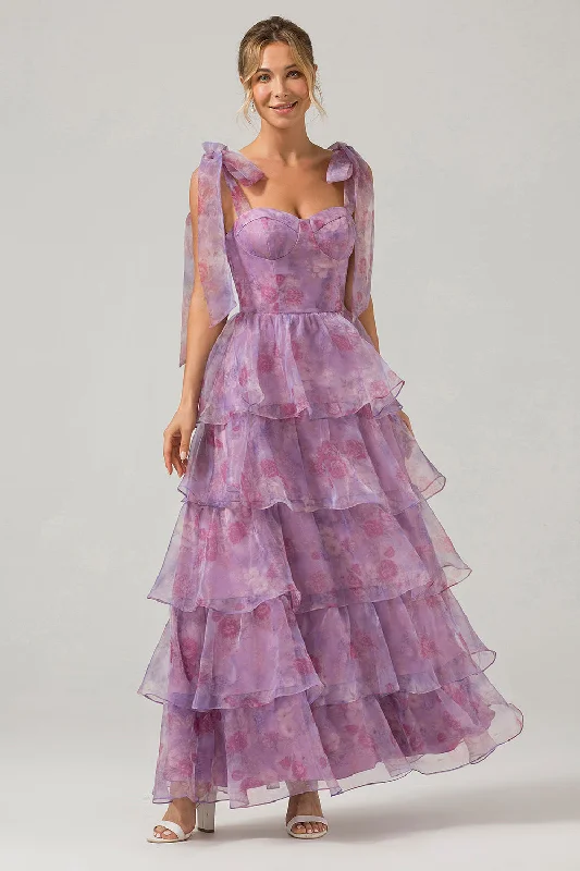 Animal - print cocktail dresses with a V - neck for a fierce lookA Line Purple Printed Tiered Tea-Length Long Prom Dress Animal - print cocktail dresses with a V - neck for a fierce lookA Line Purple Printed Tiered Tea-Length Long Prom Dress