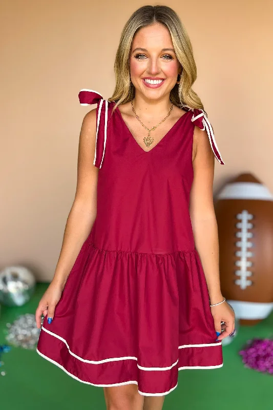 Mini dresses with off - the - shoulder stylesCrimson V Neck Self Tie Shoulder Contrast Stripe Detail Dress *FINAL SALE* Mini dresses with off - the - shoulder stylesCrimson V Neck Self Tie Shoulder Contrast Stripe Detail Dress *FINAL SALE*