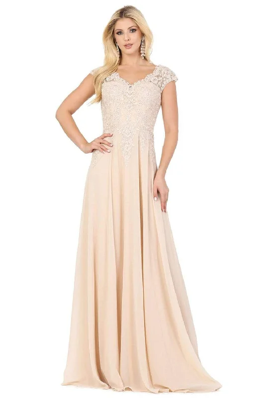 Wedding guest dresses with mesh panels and empire waistsDancing Queen - 4122 Sheer Cap Sleeve Floral Lace Bodice Dress