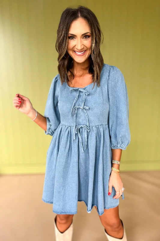 Denim Square Neck 3/4 Sleeve Front Bow Detail Dress