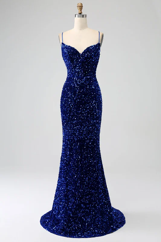 Cocktail dresses with cold - shoulder designs in a lightweight fabricElegant Royal Blue Mermaid Spaghetti Straps Velvet Sequin Long Prom Dress Cocktail dresses with cold - shoulder designs in a lightweight fabricElegant Royal Blue Mermaid Spaghetti Straps Velvet Sequin Long Prom Dress