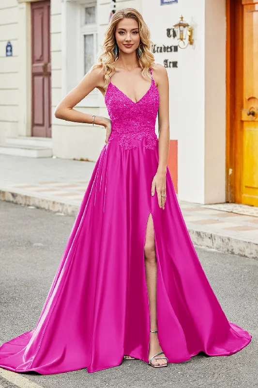 Cocktail dresses with a patchwork pattern and a mid - thigh lengthFuchsia A Line Spaghetti Straps Long Prom Dress with Appliques Cocktail dresses with a patchwork pattern and a mid - thigh lengthFuchsia A Line Spaghetti Straps Long Prom Dress with Appliques