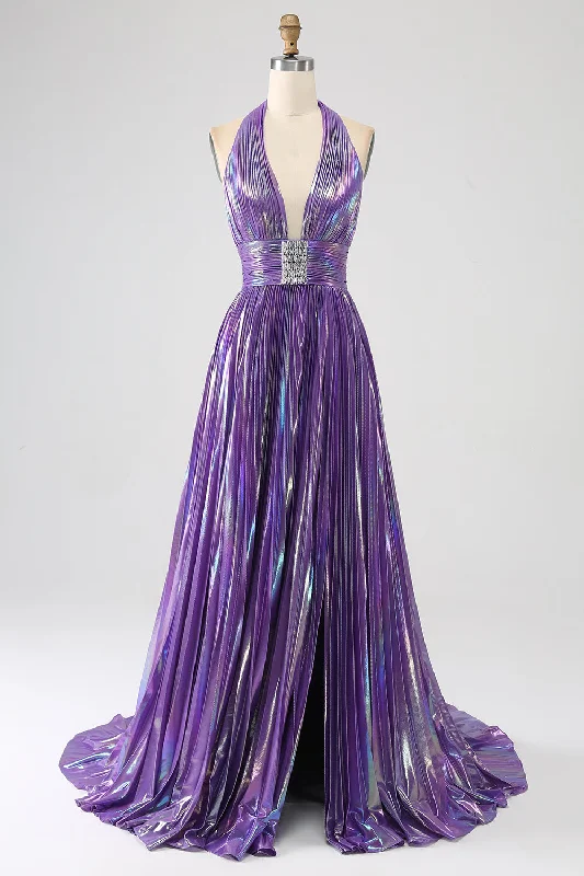 Animal - print cocktail dresses with a V - neck for a fierce lookGlitter Purple Pleated Metallic Long Prom Dress with Slit Animal - print cocktail dresses with a V - neck for a fierce lookGlitter Purple Pleated Metallic Long Prom Dress with Slit