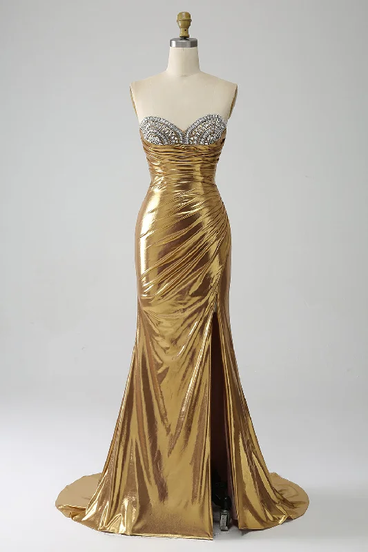 Ruffled cocktail dresses with a knee - length hem for a feminine appealGolden Mermaid Strapless Long Metallic Prom Dress with Slit Ruffled cocktail dresses with a knee - length hem for a feminine appealGolden Mermaid Strapless Long Metallic Prom Dress with Slit