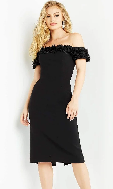 Bow - backed cocktail dresses with a fit - and - flare silhouetteJovani - 06870 Floral Applique Off Shoulder Dress Bow - backed cocktail dresses with a fit - and - flare silhouetteJovani - 06870 Floral Applique Off Shoulder Dress