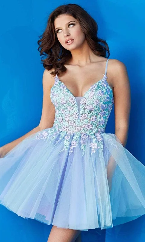 Bow - backed cocktail dresses with a fit - and - flare silhouetteJovani 09728 - Deep V-neck Tulle Short Dress Bow - backed cocktail dresses with a fit - and - flare silhouetteJovani 09728 - Deep V-neck Tulle Short Dress