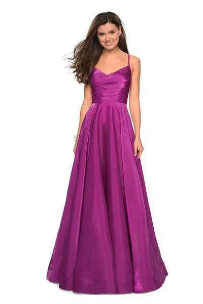 Wedding guest dresses with keyhole backs and flowing fabricsLa Femme - 27226 Pleated V-neck Satin A-line Dress Wedding guest dresses with keyhole backs and flowing fabricsLa Femme - 27226 Pleated V-neck Satin A-line Dress