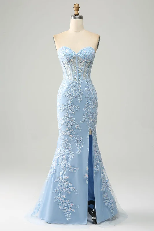 Mini cocktail dresses with a beaded bodice and a flirty A - line skirtLight Blue Mermaid Sweetheart Corset Appliques Prom Dress With Side Slit Mini cocktail dresses with a beaded bodice and a flirty A - line skirtLight Blue Mermaid Sweetheart Corset Appliques Prom Dress With Side Slit