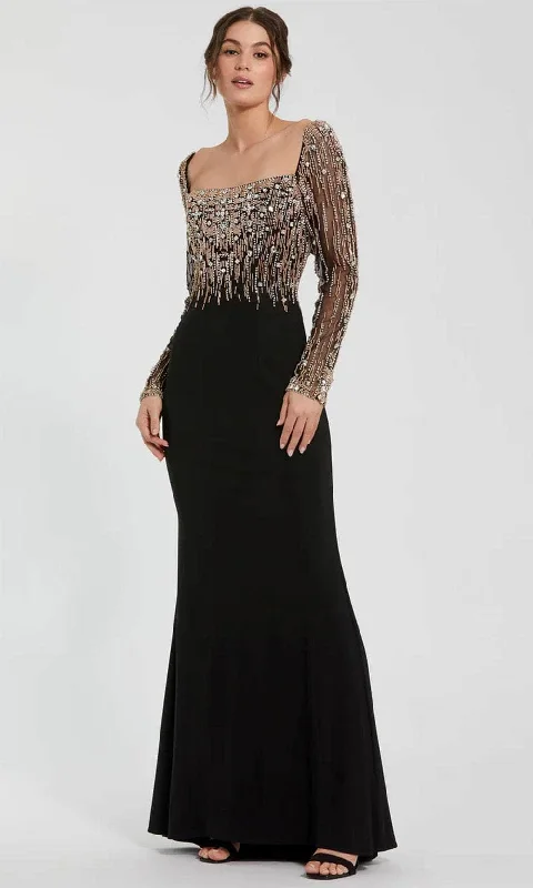 Cotton wedding guest dresses with smocked details for a casual weddingMac Duggal 2256 - Sheer Sleeve Beaded Top Evening Dress