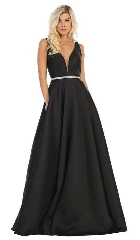 Wedding guest dresses with button - down fronts and A - line silhouettesMay Queen - MQ1683 Illusion Plunging Neck Sleeveless Satin A-Line Gown Wedding guest dresses with button - down fronts and A - line silhouettesMay Queen - MQ1683 Illusion Plunging Neck Sleeveless Satin A-Line Gown