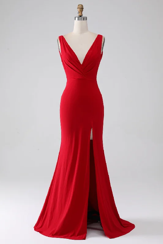 Cocktail dresses with a patchwork pattern and a mid - thigh lengthMermaid V-Neck Red Prom Dress with Slit Cocktail dresses with a patchwork pattern and a mid - thigh lengthMermaid V-Neck Red Prom Dress with Slit