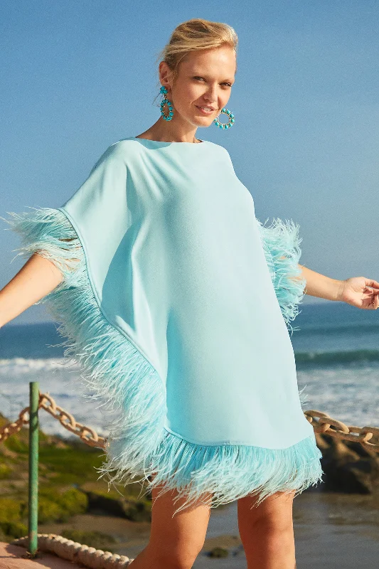 Mini Neena Boatneck Caftan Dress With Feather Trim