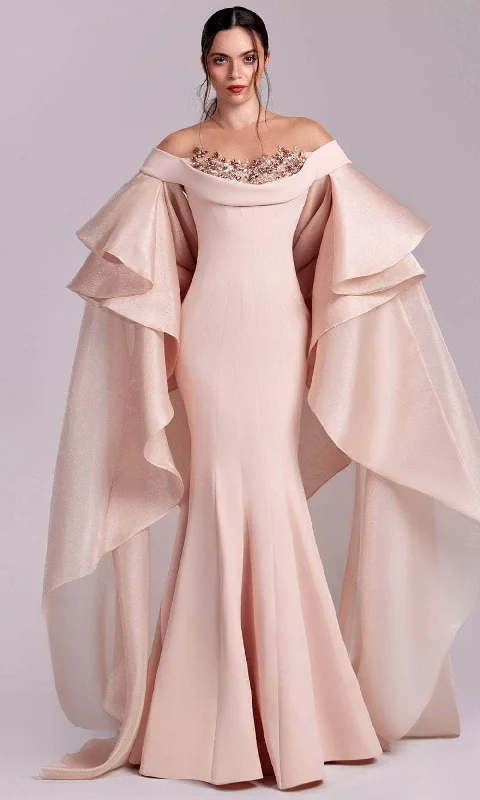 Wedding guest dresses with mesh panels and empire waistsMNM Couture G1814 - Ruffled Cape Sleeve Mermaid Evening Gown Wedding guest dresses with mesh panels and empire waistsMNM Couture G1814 - Ruffled Cape Sleeve Mermaid Evening Gown