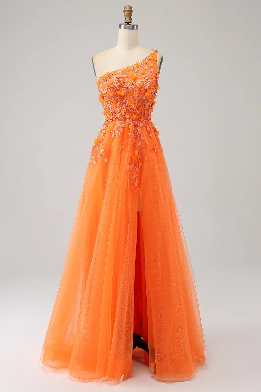 Cocktail dresses with a pom - pom trim and a short - sleeved styleOrange One Shoulder A-Line Tulle Long Prom Dress with Appliques Cocktail dresses with a pom - pom trim and a short - sleeved styleOrange One Shoulder A-Line Tulle Long Prom Dress with Appliques