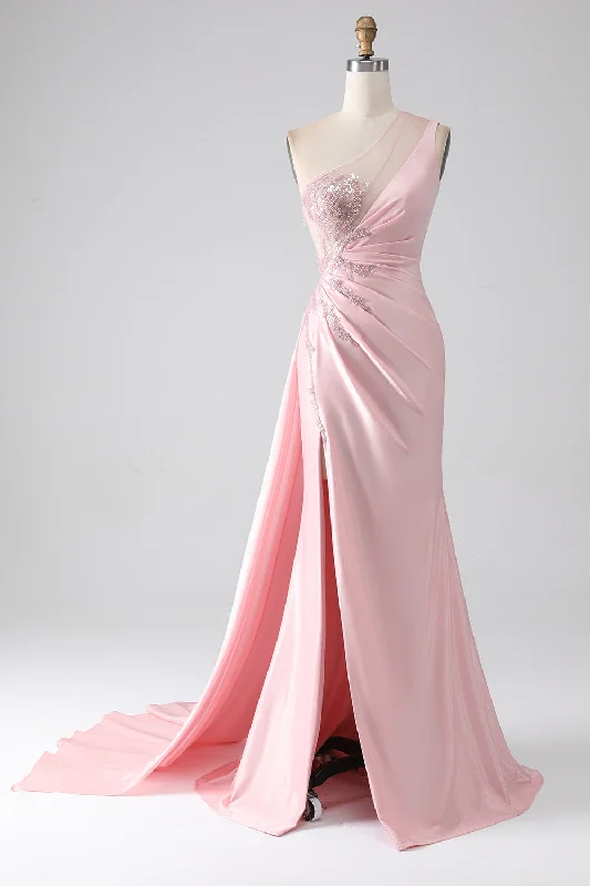 Cocktail dresses with a tassel - adorned belt and a sheath stylePink Mermaid One Shoulder Sequins Appliques Ruched Prom Dress With Slit Cocktail dresses with a tassel - adorned belt and a sheath stylePink Mermaid One Shoulder Sequins Appliques Ruched Prom Dress With Slit