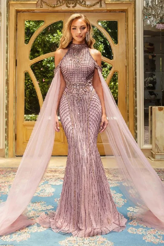 Tea - length wedding guest dresses with polka dot patternsPortia And Scarlett 22925 Long Halter Prom Dress