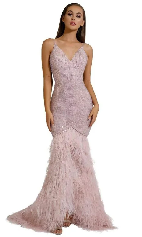Wedding guest dresses with high - low hems and floral appliquesPortia and Scarlett - PS6826 V Neck Feathered Dress Wedding guest dresses with high - low hems and floral appliquesPortia and Scarlett - PS6826 V Neck Feathered Dress