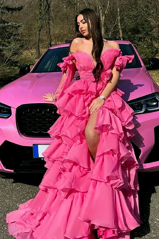 One - shoulder cocktail dresses in emerald green for a bold statementPrincess Fuchsia A-Line Deep V-Neck Tiered Long Prom Dress With Slit One - shoulder cocktail dresses in emerald green for a bold statementPrincess Fuchsia A-Line Deep V-Neck Tiered Long Prom Dress With Slit
