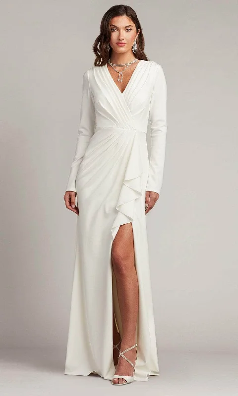 Sheath - style wedding guest dresses with lace overlaysTadashi Shoji BOS20704LBR - Kleiman Crepe Sheath Cascading Drape Gown Sheath - style wedding guest dresses with lace overlaysTadashi Shoji BOS20704LBR - Kleiman Crepe Sheath Cascading Drape Gown