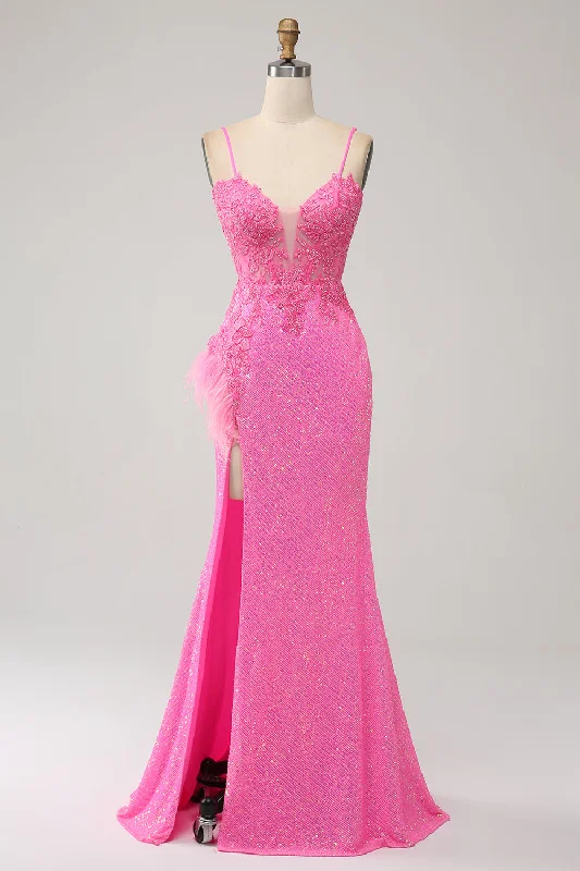Cocktail dresses with a pom - pom trim and a short - sleeved styleTrendy Mermaid Spaghetti Straps Pink Sequins Long Prom Dress with Appliques Cocktail dresses with a pom - pom trim and a short - sleeved styleTrendy Mermaid Spaghetti Straps Pink Sequins Long Prom Dress with Appliques
