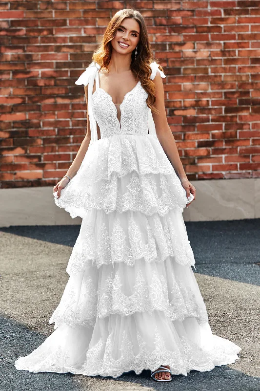 Printed cocktail dresses with geometric patterns for a contemporary aestheticWhite A-Line Tiered Lace Long Wedding Dress Printed cocktail dresses with geometric patterns for a contemporary aestheticWhite A-Line Tiered Lace Long Wedding Dress