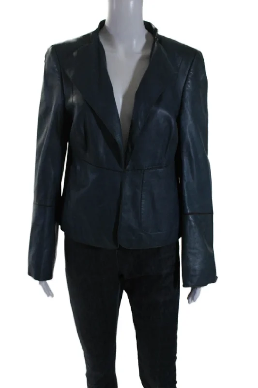 Petite women's wool blend coats with a tailored fit for a flattering silhouetteAkris Womens Leather Draped Front Split Hem Blazer Jacket Teal Blue Petite women's wool blend coats with a tailored fit for a flattering silhouetteAkris Womens Leather Draped Front Split Hem Blazer Jacket Teal Blue
