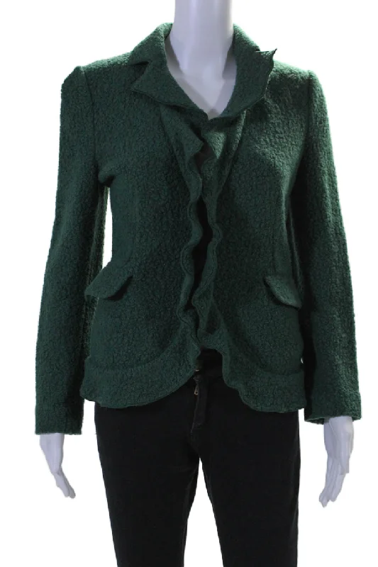 Women's reversible down coats with two - tone designs for versatile stylingArmani Collezioni Womens Wool V Neck Button Up Ruffle Fleece Jacket Green Women's reversible down coats with two - tone designs for versatile stylingArmani Collezioni Womens Wool V Neck Button Up Ruffle Fleece Jacket Green