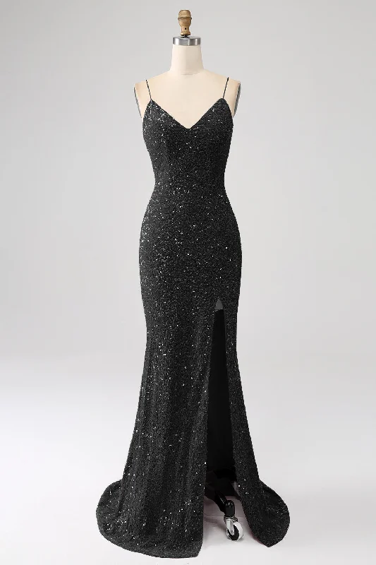 Ruffled cocktail dresses with a knee - length hem for a feminine appealBlack Mermaid Spaghetti Straps V-Neck Sequin Long Prom Dress With Split Ruffled cocktail dresses with a knee - length hem for a feminine appealBlack Mermaid Spaghetti Straps V-Neck Sequin Long Prom Dress With Split