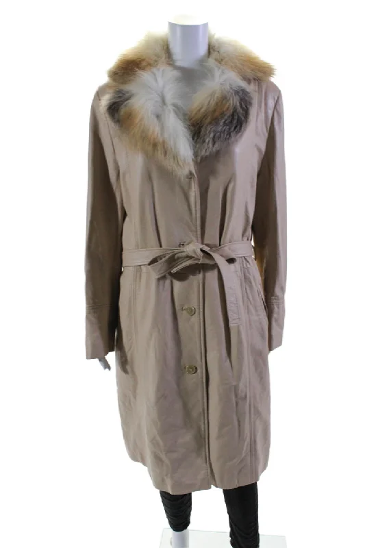 Women's knee - length wool blend coats with a fur collar for added warmthDamselle Womens Leather Fur Trim Button Down Belted Coat Beige Women's knee - length wool blend coats with a fur collar for added warmthDamselle Womens Leather Fur Trim Button Down Belted Coat Beige