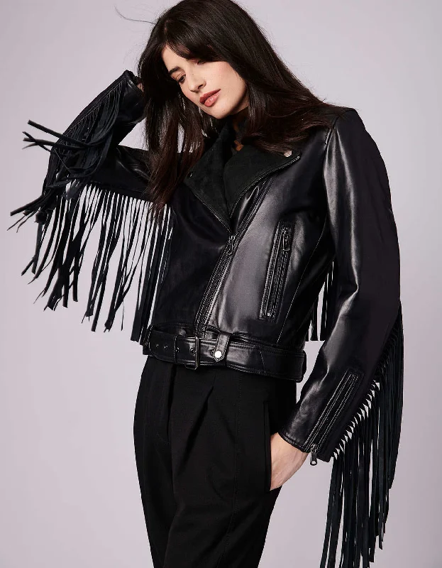 Women's long - sleeve wool coats in a houndstooth pattern for a classic charmExtended Fringe Leather Moto Jacket Women's long - sleeve wool coats in a houndstooth pattern for a classic charmExtended Fringe Leather Moto Jacket