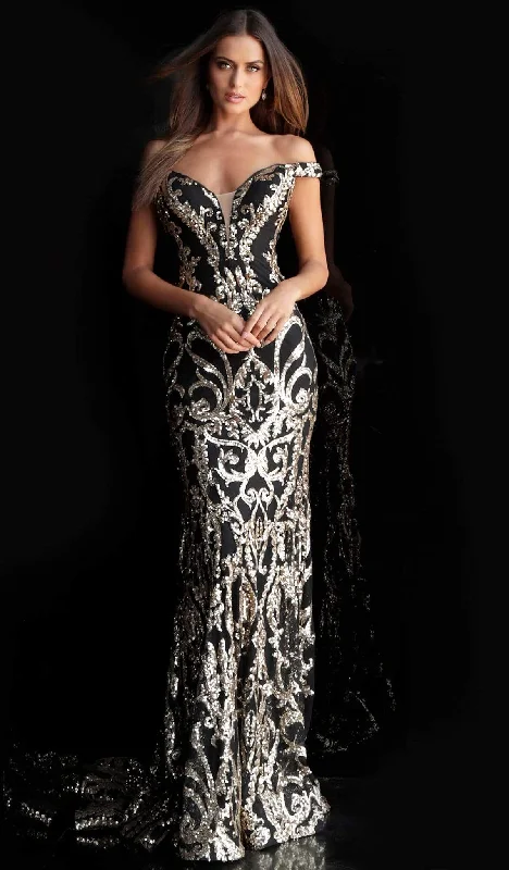 Formal dresses with cold - shoulder ruffled sleeves and floral prints for a romantic and trendy formal styleJovani - 63349 Elaborate Metallic Sequined Off Shoulder Gown Formal dresses with cold - shoulder ruffled sleeves and floral prints for a romantic and trendy formal styleJovani - 63349 Elaborate Metallic Sequined Off Shoulder Gown