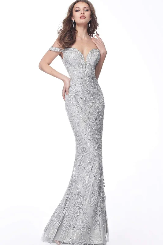 Formal dresses with cold - shoulder ruffled sleeves and floral prints for a romantic and trendy formal styleJovani - 68130 Embroidered Deep Off-Shoulder Trumpet Dress Formal dresses with cold - shoulder ruffled sleeves and floral prints for a romantic and trendy formal styleJovani - 68130 Embroidered Deep Off-Shoulder Trumpet Dress