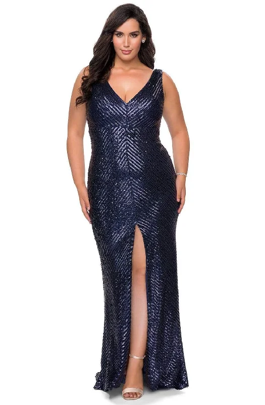Prom dresses with lace - up side panels and ruffled bodices for a feminine and detailed lookLa Femme - 28796 Sequined V-Neck Modest Prom Dress with Slit