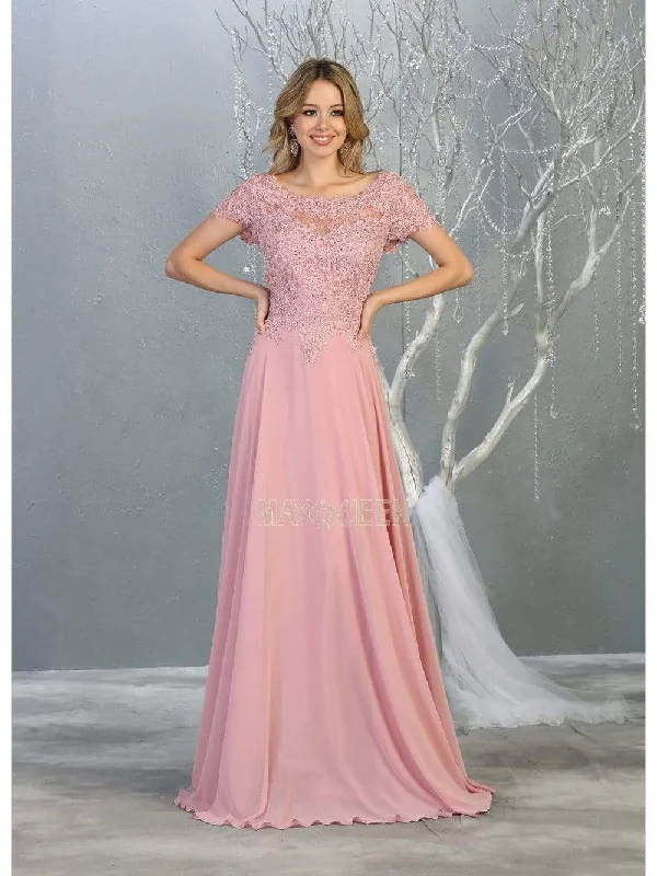 Formal dresses with fringe - trimmed sleeves and wrap - around styles for a bohemian - inspired formal eventMay Queen - MQ1763 Short Sleeve Jeweled Applique A-Line Dress
