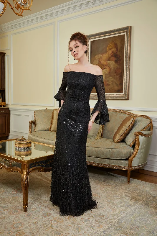 Bodycon dress with a ruffled trimMGNY Madeline Gardner New York 72842 Long Formal Sequin Dress with Feathers Bodycon dress with a ruffled trimMGNY Madeline Gardner New York 72842 Long Formal Sequin Dress with Feathers
