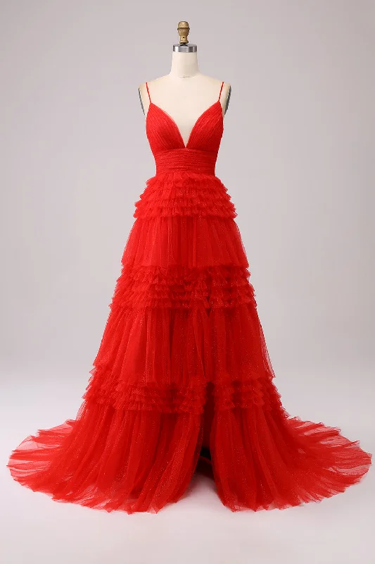 Cocktail dresses with a ruched bodice and spaghetti strapsRed A Line Spaghetti Straps Long Prom Dress with Ruffles Cocktail dresses with a ruched bodice and spaghetti strapsRed A Line Spaghetti Straps Long Prom Dress with Ruffles