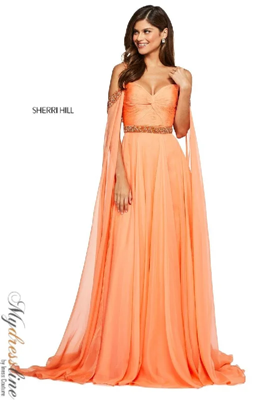 Prom dresses with geometric - cutout sleeves and flowing chiffon fabrics for a modern and airy lookSherri Hill 53630 Prom dresses with geometric - cutout sleeves and flowing chiffon fabrics for a modern and airy lookSherri Hill 53630