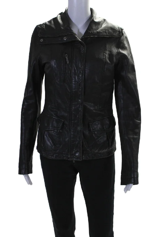 Water - resistant women's trench coats with adjustable cuffs for rainy daysVince Womens Leather Three Pocket High Neck Long Sleeve Zip Up Jacket Water - resistant women's trench coats with adjustable cuffs for rainy daysVince Womens Leather Three Pocket High Neck Long Sleeve Zip Up Jacket