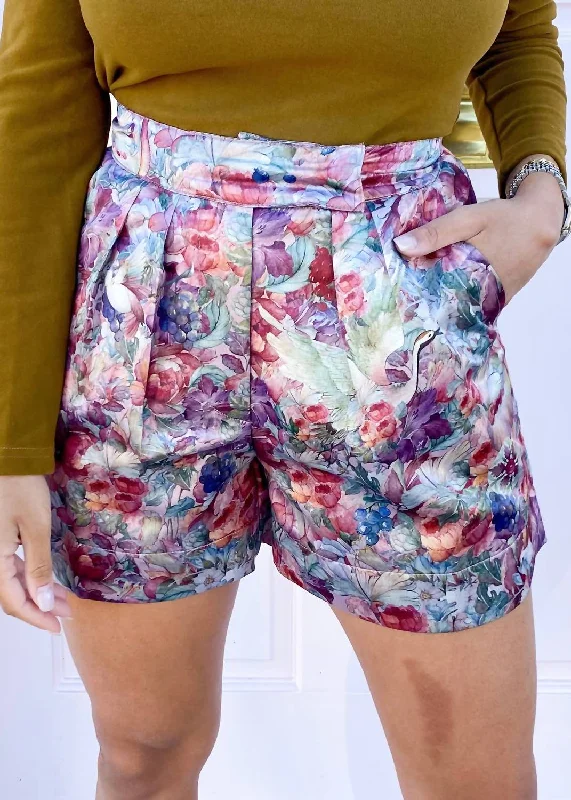 Elastic Waist Women Shorts for Easy Wear and ComfortElisa Garden Shorts In Purple Multi Elastic Waist Women Shorts for Easy Wear and ComfortElisa Garden Shorts In Purple Multi